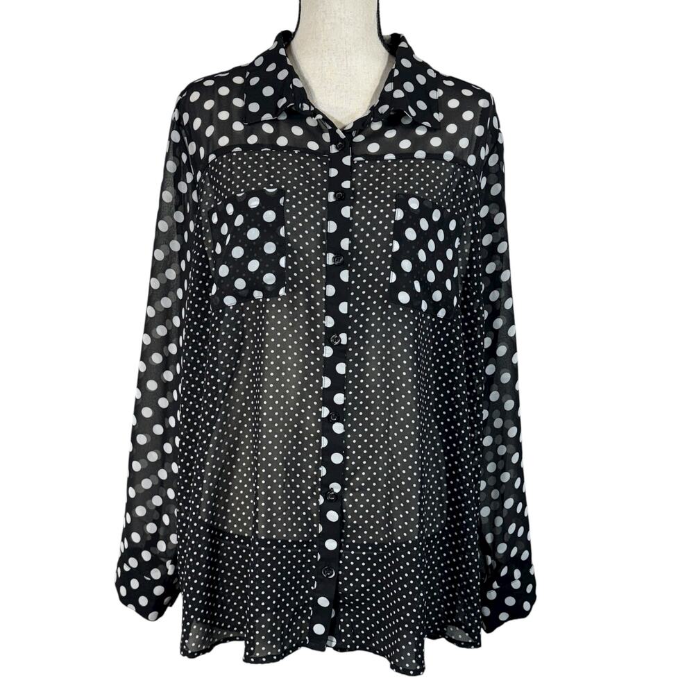 Torrid SZ 2 (2X-Large) Top Polka Dot Sheer Button-Up Long Sleeve Hi-Low Pockets